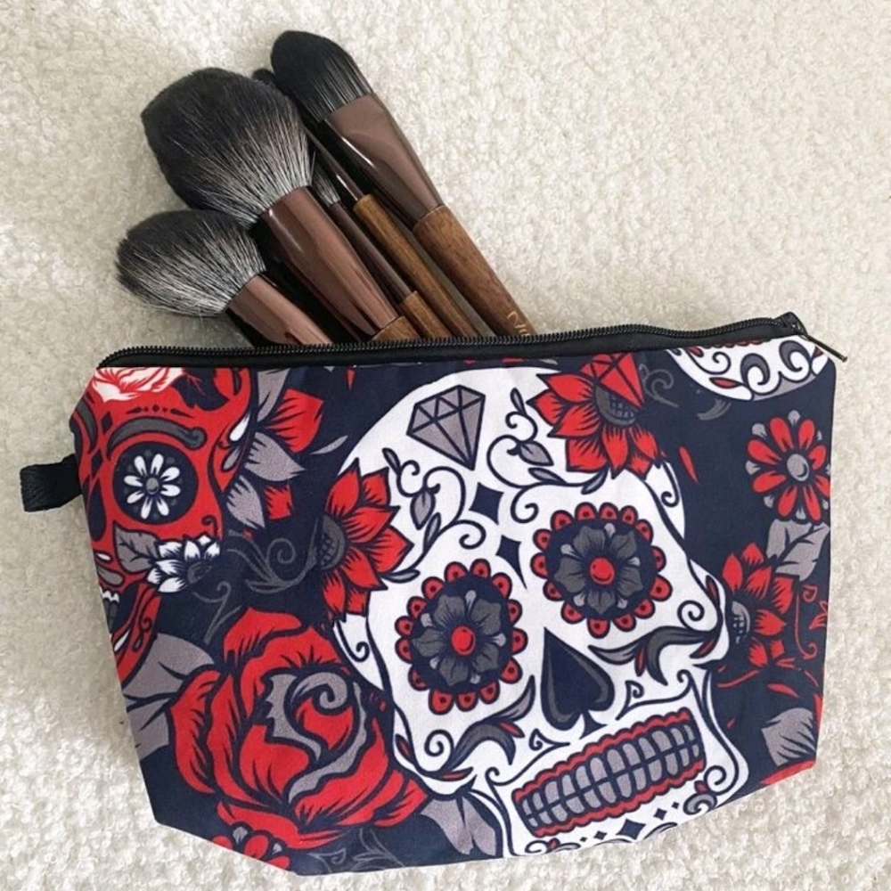Sugar Skull & Floral Print Cosmetic Travel Bag- 8.5" x 5.5" x 2" - Picture 3 of 12